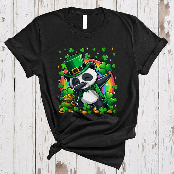 MacnyStore - Dabbing Panda Leprechaun With Shamrocks, Lovely St. Patrick's Day Rainbow, Wild Animal Lover T-Shirt
