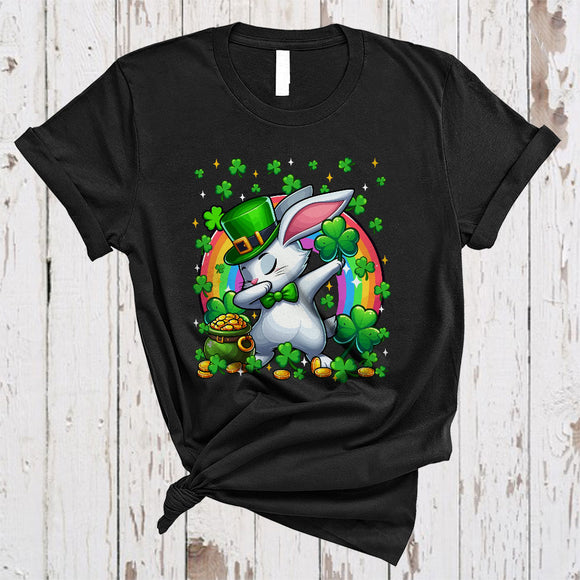 MacnyStore - Dabbing Rabbit Leprechaun With Shamrocks, Lovely St. Patrick's Day Rainbow, Wild Animal Lover T-Shirt