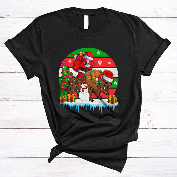 MacnyStore - Dabbing Santa Riding Reindeer Bison Cool Merry Christmas Lights Snow Retro Santa Sleigh Bison T-Shirt