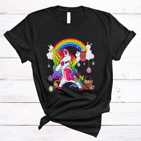 MacnyStore - Dabbing Unicorn Drinking Coffee, Wonderful Easter Day Coffee Lover Rainbow, Easter Eggs Hunt Group T-Shirt