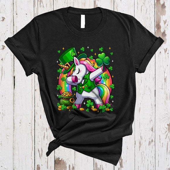 MacnyStore - Dabbing Unicorn Leprechaun With Shamrocks, Lovely St. Patrick's Day Rainbow, Wild Animal Lover T-Shirt
