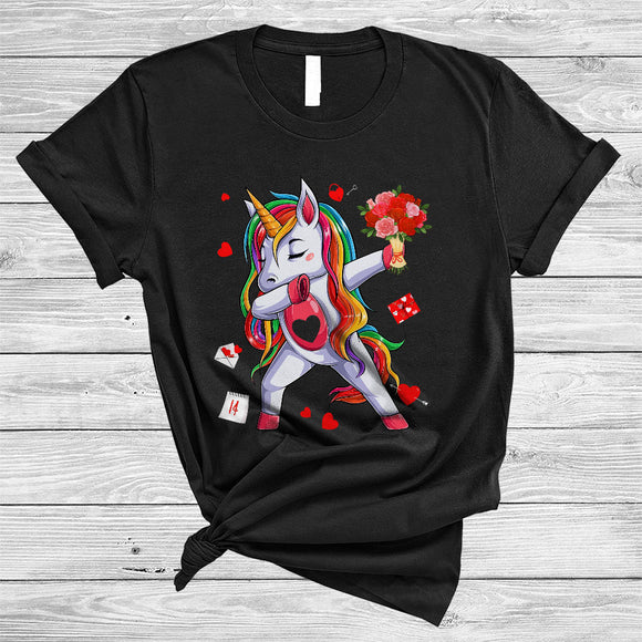 MacnyStore - Dabbing Unicorn With Flowers, Adorable Valentine's Day Unicorn Lover, Matching Unicorn Couple Lover T-Shirt