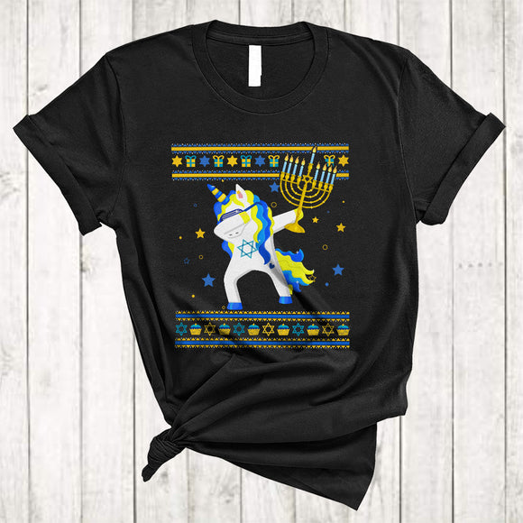 MacnyStore - Dabbing Unicorn With Menorah, Cool Hanukkah Sweater Chanukah Unicorn, Matching Family Group T-Shirt
