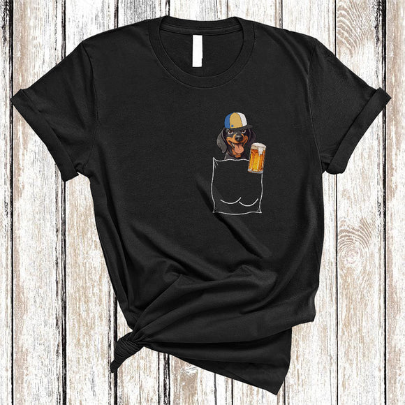 MacnyStore - Dachshund Drinking Beer In Pocket, Humorous Drunker Beer Animal Lover, Drinking Group T-Shirt