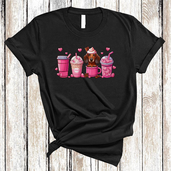 MacnyStore - Dachshund In Coffee Mug, Happy Valentine's Day Coffee Lover, Valentine Hearts Couple Lover T-Shirt