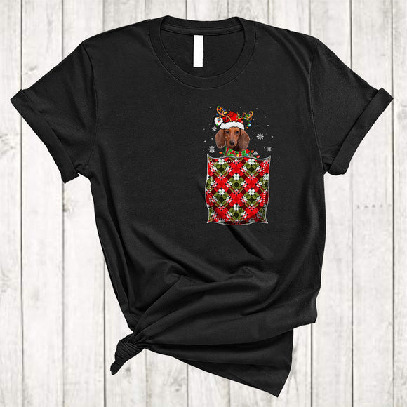 MacnyStore - Dachshund Santa Reindeer In X-mas Pocket, Colorful Christmas Lights Snow, Family Pajama Animal T-Shirt