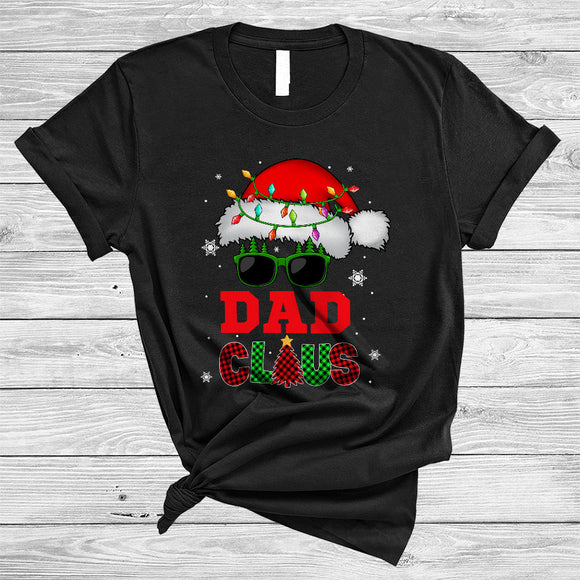 MacnyStore - Dad Claus, Cute Plaid Christmas Lights Santa Hat Face Sunglasses, Family X-mas Group T-Shirt