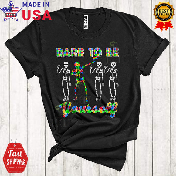 MacnyStore - Dare To Be Yourself Cute Funny Autism Awareness LGBTQ Pride Puzzle Dabbing Skeleton Lover T-Shirt