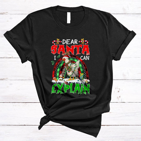 MacnyStore - Dear Santa I Can Explain, Cute Lovely Christmas Santa Chicken Farmer, X-mas Plaid Rainbow T-Shirt