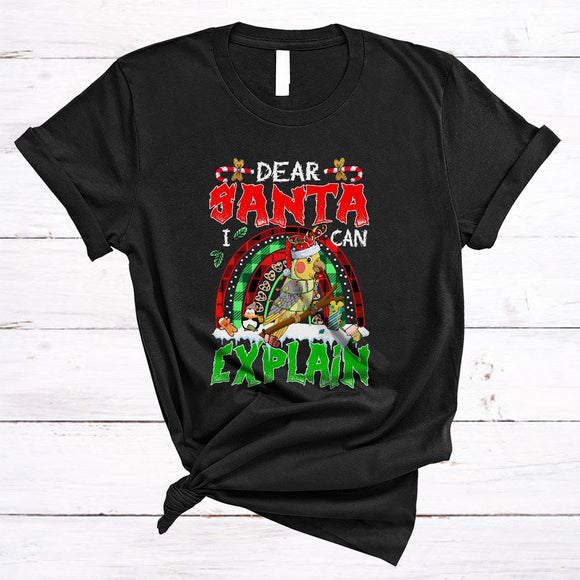 MacnyStore - Dear Santa I Can Explain, Cute Lovely Christmas Santa Cockatiel Bird, X-mas Plaid Rainbow T-Shirt