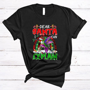 MacnyStore - Dear Santa I Can Explain, Cute Lovely Christmas Santa Hummingbird, X-mas Plaid Rainbow T-Shirt