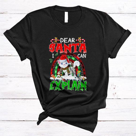 MacnyStore - Dear Santa I Can Explain, Cute Lovely Christmas Santa Kitten, X-mas Plaid Rainbow T-Shirt