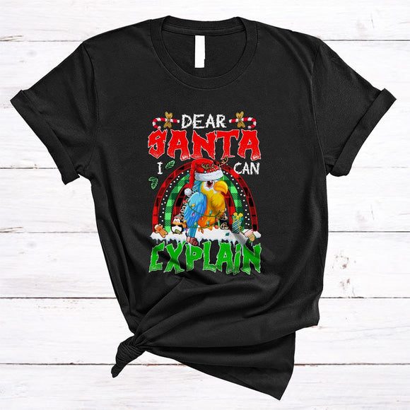 MacnyStore - Dear Santa I Can Explain, Cute Lovely Christmas Santa Macaw Bird, X-mas Plaid Rainbow T-Shirt