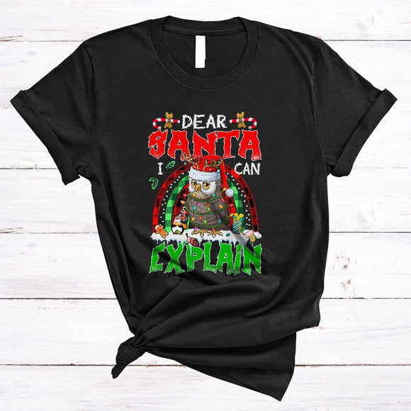 MacnyStore - Dear Santa I Can Explain, Cute Lovely Christmas Santa Owl Bird, X-mas Plaid Rainbow T-Shirt
