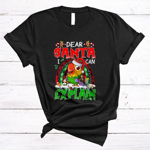 MacnyStore - Dear Santa I Can Explain, Cute Lovely Christmas Santa Parrot Bird, X-mas Plaid Rainbow T-Shirt