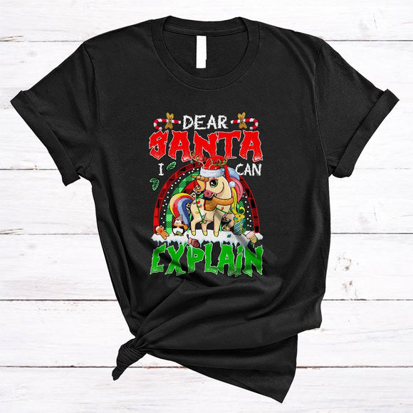 MacnyStore - Dear Santa I Can Explain, Cute Lovely Christmas Santa Unicorn, X-mas Plaid Rainbow T-Shirt