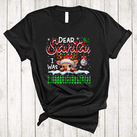 MacnyStore - Dear Santa I Was Librarian, Amazing Christmas Plaid Santa Reindeer Librarian, Family Group T-Shirt
