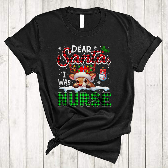 MacnyStore - Dear Santa I Was Nurse, Amazing Christmas Plaid Santa Reindeer Nurse, Family Group T-Shirt