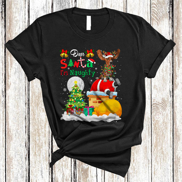 MacnyStore - Dear Santa I'm Naughty Funny Christmas Lights Snow Basset Hound Dog Santa Stuck In Chimney T-Shirt