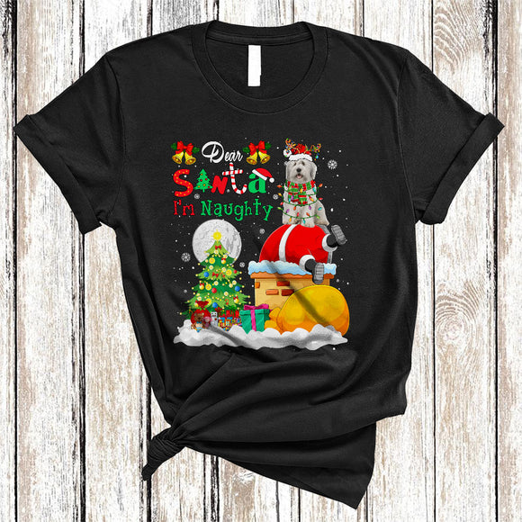 MacnyStore - Dear Santa I'm Naughty Funny Christmas Lights Snow Bearded Collie Dog Santa Stuck In Chimney T-Shirt