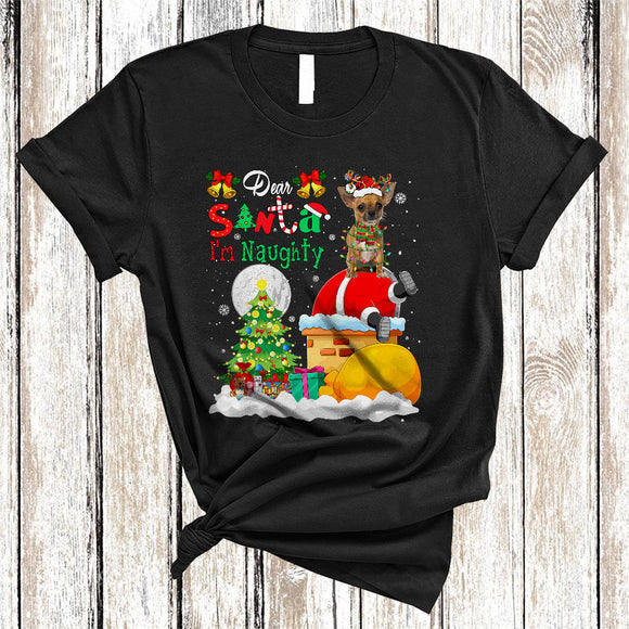 MacnyStore - Dear Santa I'm Naughty Funny Christmas Lights Snow Chihuahua Dog Santa Stuck In Chimney T-Shirt