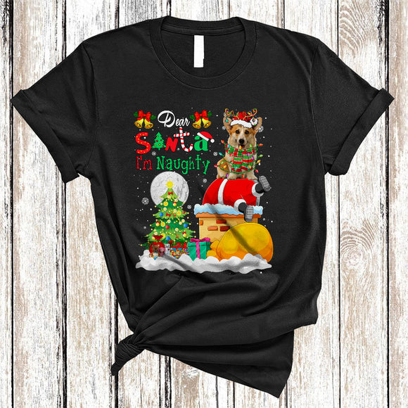 MacnyStore - Dear Santa I'm Naughty Funny Christmas Lights Snow Corgi Dog Santa Stuck In Chimney T-Shirt