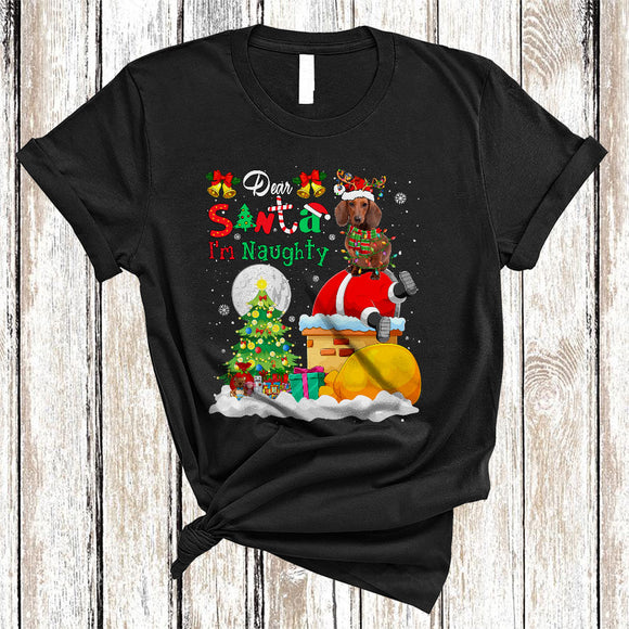 MacnyStore - Dear Santa I'm Naughty Funny Christmas Lights Snow Dachshund Dog Santa Stuck In Chimney T-Shirt