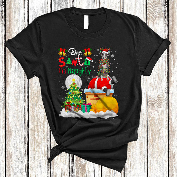 MacnyStore - Dear Santa I'm Naughty Funny Christmas Lights Snow Whippet Dog Santa Stuck In Chimney T-Shirt