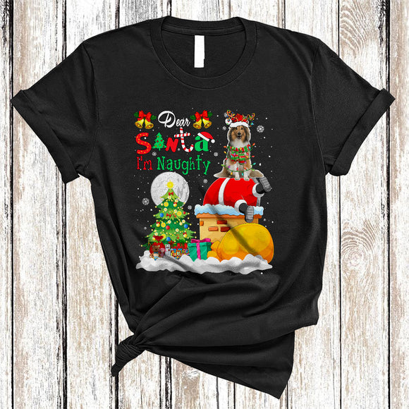 MacnyStore - Dear Santa I'm Naughty Funny Christmas Snow Shetland Sheepdog Dog Santa Stuck In Chimney T-Shirt