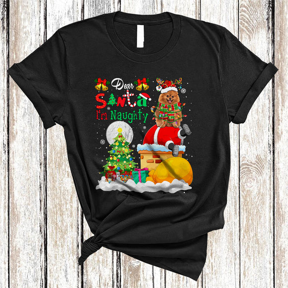 MacnyStore - Dear Santa I'm Naughty Funny Cool Christmas Lights Tree Pomeranian Dog Santa Stuck In Chimney T-Shirt
