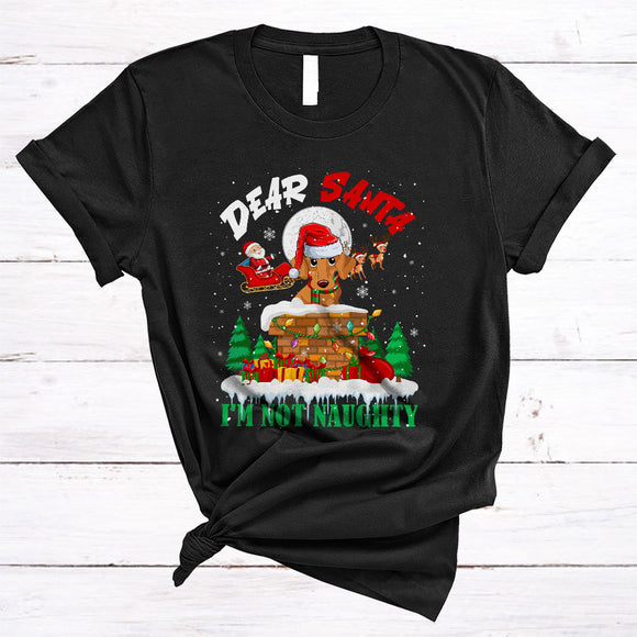 MacnyStore - Dear Santa I'm Not Naughty, Cheerful Christmas Santa Dachshund In Chimney, X-mas Sleigh T-Shirt