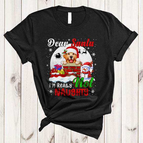 MacnyStore - Dear Santa I'm Really Not Naughty, Lovely Christmas Santa Golden Retriever Chimney, X-mas Snowman T-Shirt