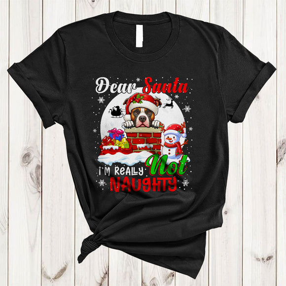 MacnyStore - Dear Santa I'm Really Not Naughty, Lovely Christmas Santa Pit Bull Chimney, X-mas Snowman T-Shirt