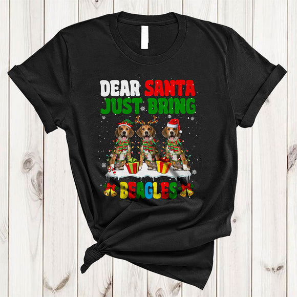 MacnyStore - Dear Santa Just Bring Beagles, Lovely Three Beagle Lover, X-mas Lights Snow Around T-Shirt