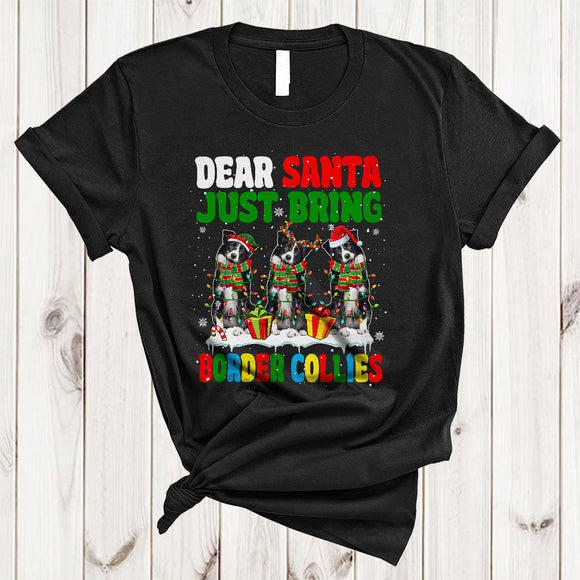 MacnyStore - Dear Santa Just Bring Border Collies, Lovely Three Border Collie Lover, X-mas Lights Snow T-Shirt