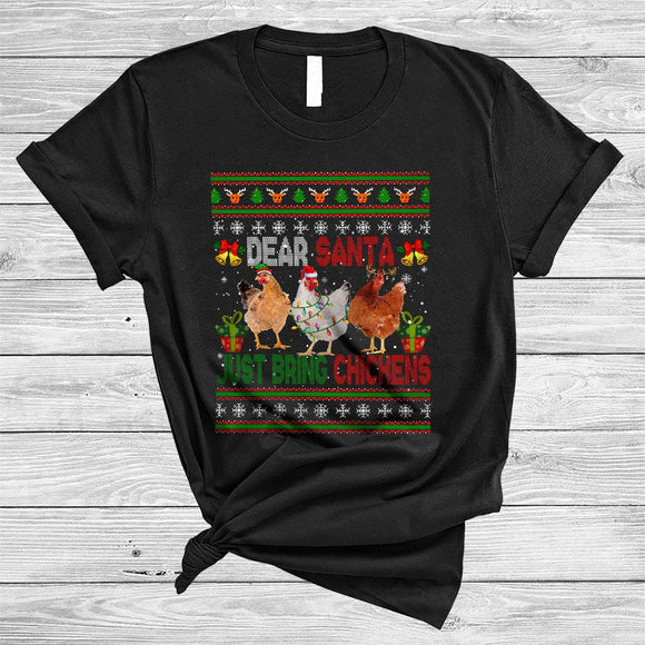 MacnyStore - Dear Santa Just Bring Chickens, Funny Sweater Three X-mas Chicken, Christmas Farmer Farm Lover T-Shirt