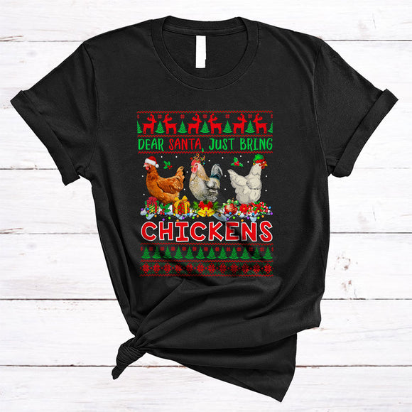 MacnyStore - Dear Santa Just Bring Chickens, Humorous Christmas Sweater Three Chickens, Farm Farmer T-Shirt