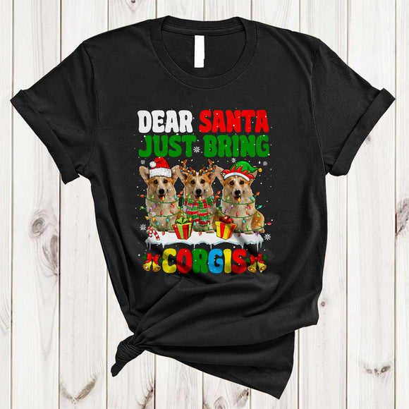 MacnyStore - Dear Santa Just Bring Corgis, Lovely Three Corgi Lover, X-mas Lights Snow Around T-Shirt