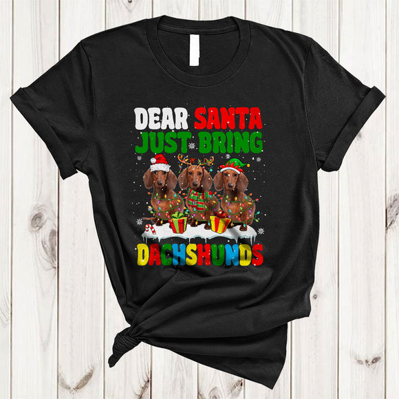 MacnyStore - Dear Santa Just Bring Dachshunds, Lovely Three Dachshund Lover, X-mas Lights Snow Around T-Shirt