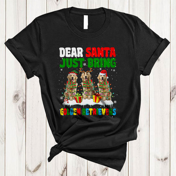 MacnyStore - Dear Santa Just Bring Golden Retrievers, Lovely Three Golden Retriever Lover, X-mas Lights T-Shirt