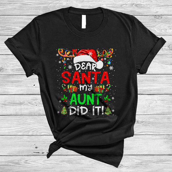 MacnyStore - Dear Santa My Aunt Did It, Cheeful Christmas Snow Around Santa Reindeer, X-mas Lights Family T-Shirt