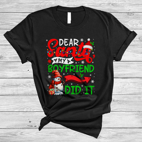 MacnyStore - Dear Santa My Boyfriend Did It, Joyful Christmas Lights Santa Snowman, X-mas Couple Family Group T-Shirt