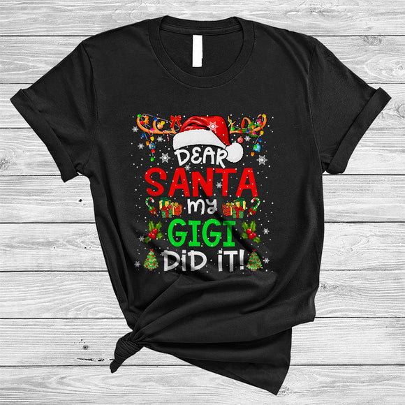 MacnyStore - Dear Santa My Gigi Did It, Cheeful Christmas Snow Around Santa Reindeer, X-mas Lights Family T-Shirt