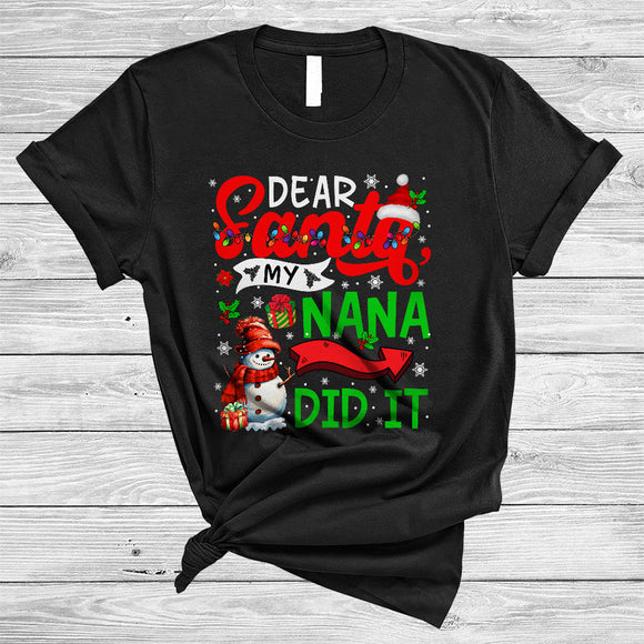 MacnyStore - Dear Santa My Nana Did It, Joyful Christmas Lights Santa Snowman, X-mas Couple Family Group T-Shirt