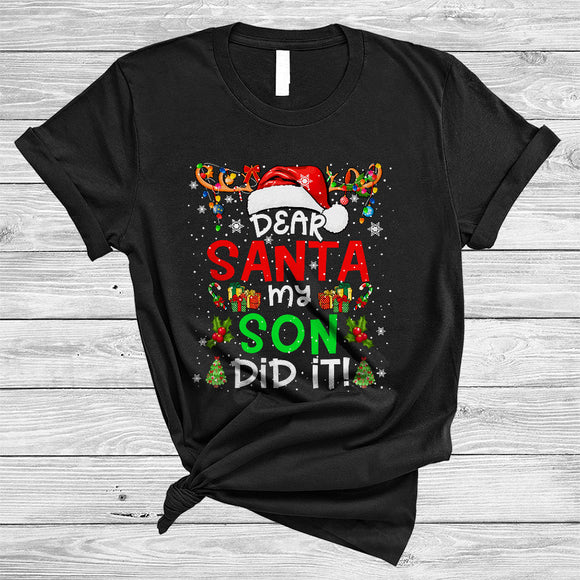 MacnyStore - Dear Santa My Son Did It, Cheeful Christmas Snow Around Santa Reindeer, X-mas Lights Family T-Shirt