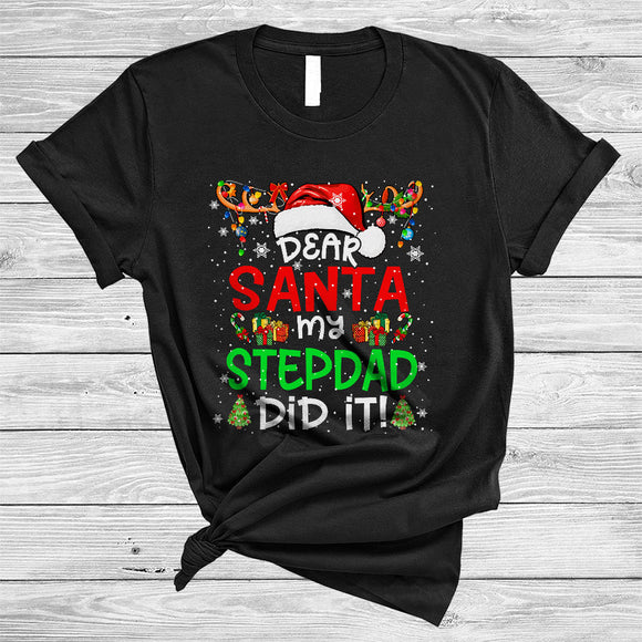 MacnyStore - Dear Santa My Stepdad Did It, Cheeful Christmas Snow Around Santa Reindeer, X-mas Lights Family T-Shirt