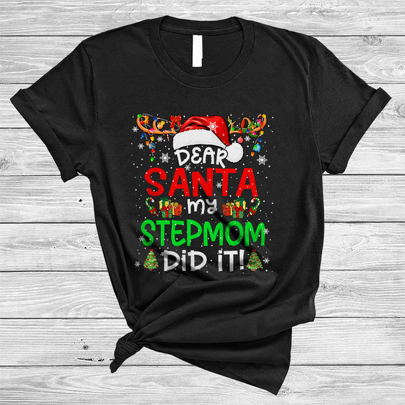 MacnyStore - Dear Santa My Stepmom Did It, Cheeful Christmas Snow Around Santa Reindeer, X-mas Lights Family T-Shirt