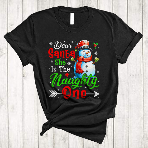 MacnyStore - Dear Santa She Is The Naughty One Cool Xmas Christmas Naughty Couple Family Lover Snowman T-Shirt