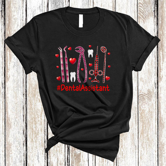 MacnyStore - Dental Assistant, Awesome Valentine's Day Leopard Plaid Hearts, Single Valentine Family Group T-Shirt