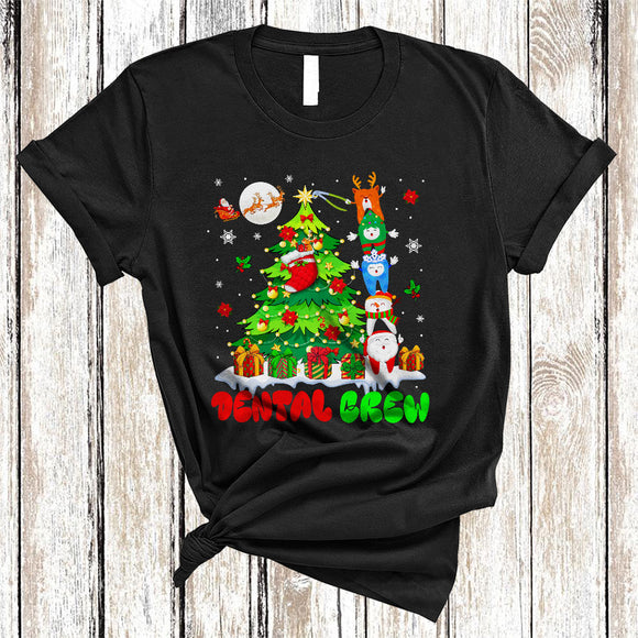 MacnyStore - Dental Crew Funny Cool Christmas Lights Xmas Tree Santa Reindeer Tooth Matching Dental Dentist Group T-Shirt